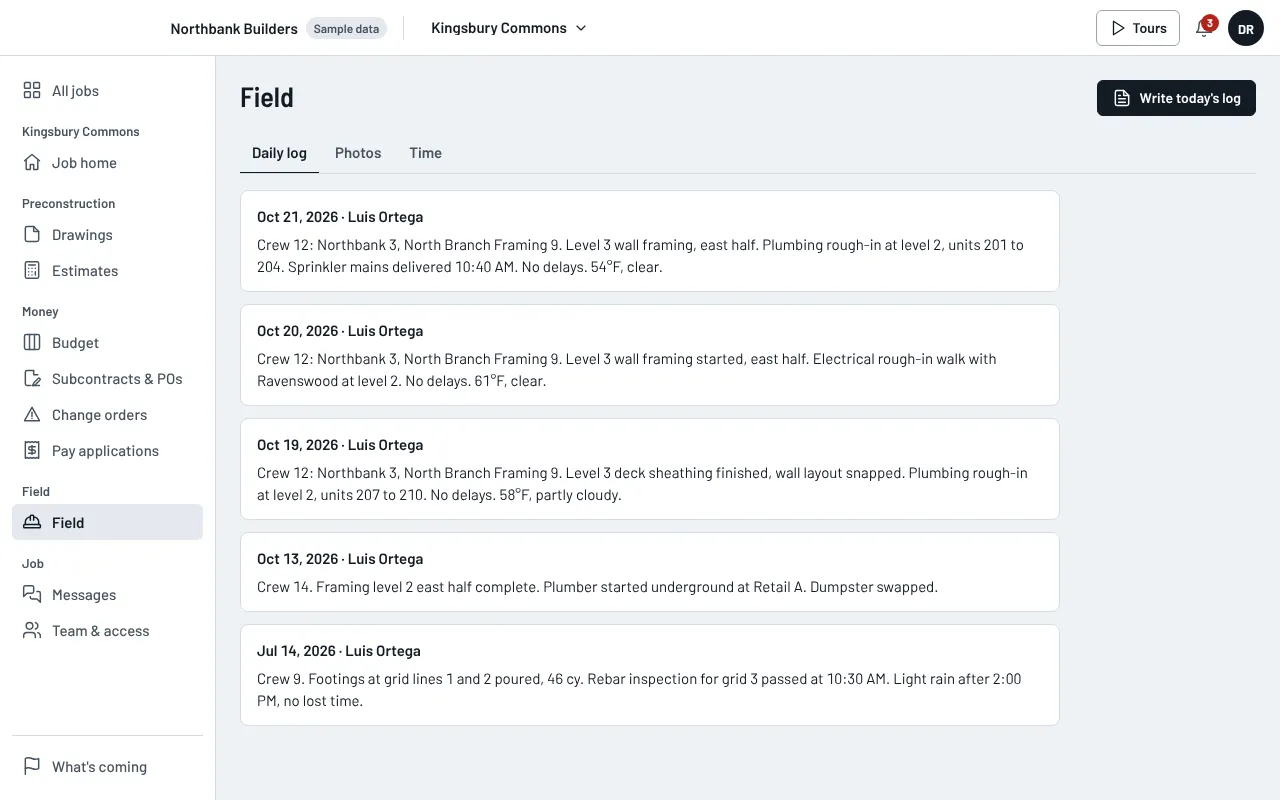 The field page with the superintendent's daily log entries for the last few days.