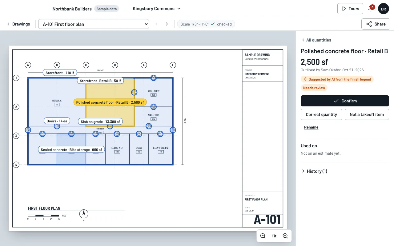 Sheet A-101 with measured areas outlined. The polished concrete floor in Retail B is selected, 2,500 square feet, waiting for a person to confirm it.